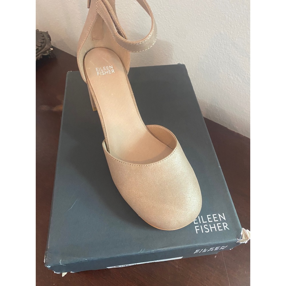 Eileen Fisher Indi-MT Platinum Powder Metallic Block Heel Ankle Strap Pump 9.5M